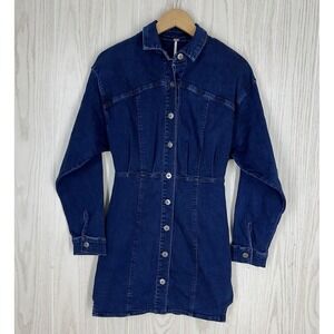 Free People Amber Denim Mini Dress Womens Size 2 Dark Indigo Button Snap Front‎